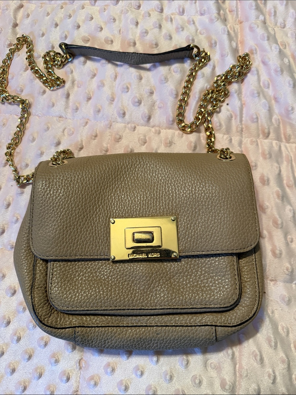 Michael Kors Taupe Pebbled Leather Crossbody with Gold Chain